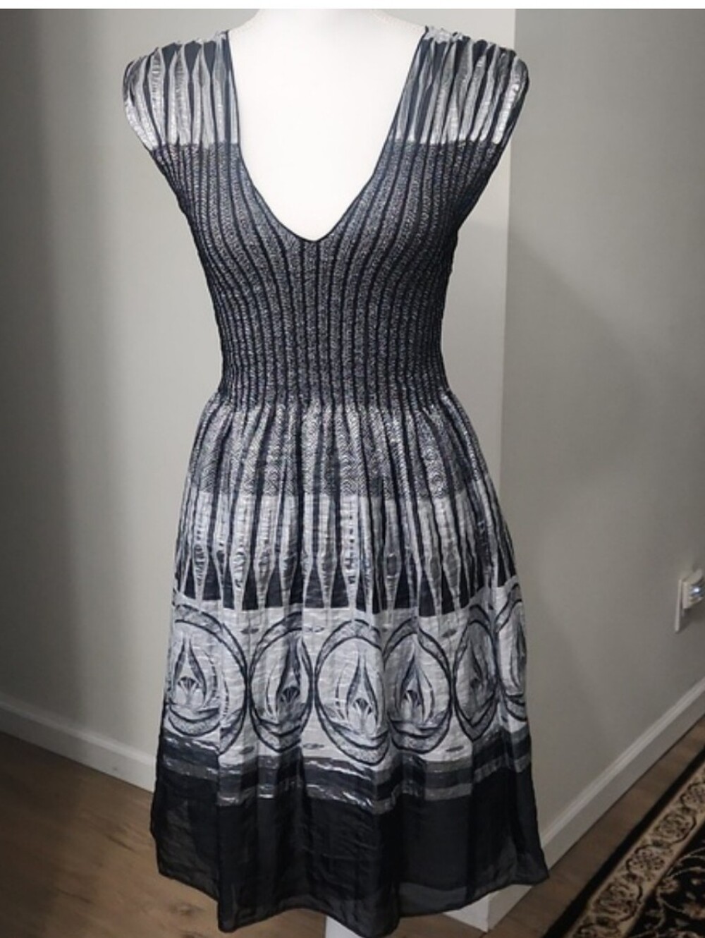 Max Edition Metallic Black Silver Jacquard V-neck Smocked Dress Boho S